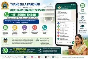A government-themed digital infographic announcing the launch of the Thane Zilla Parishad WhatsApp Chatbot integrated with the Thane Doorstep Delivery Portal | The Times of Mumbai