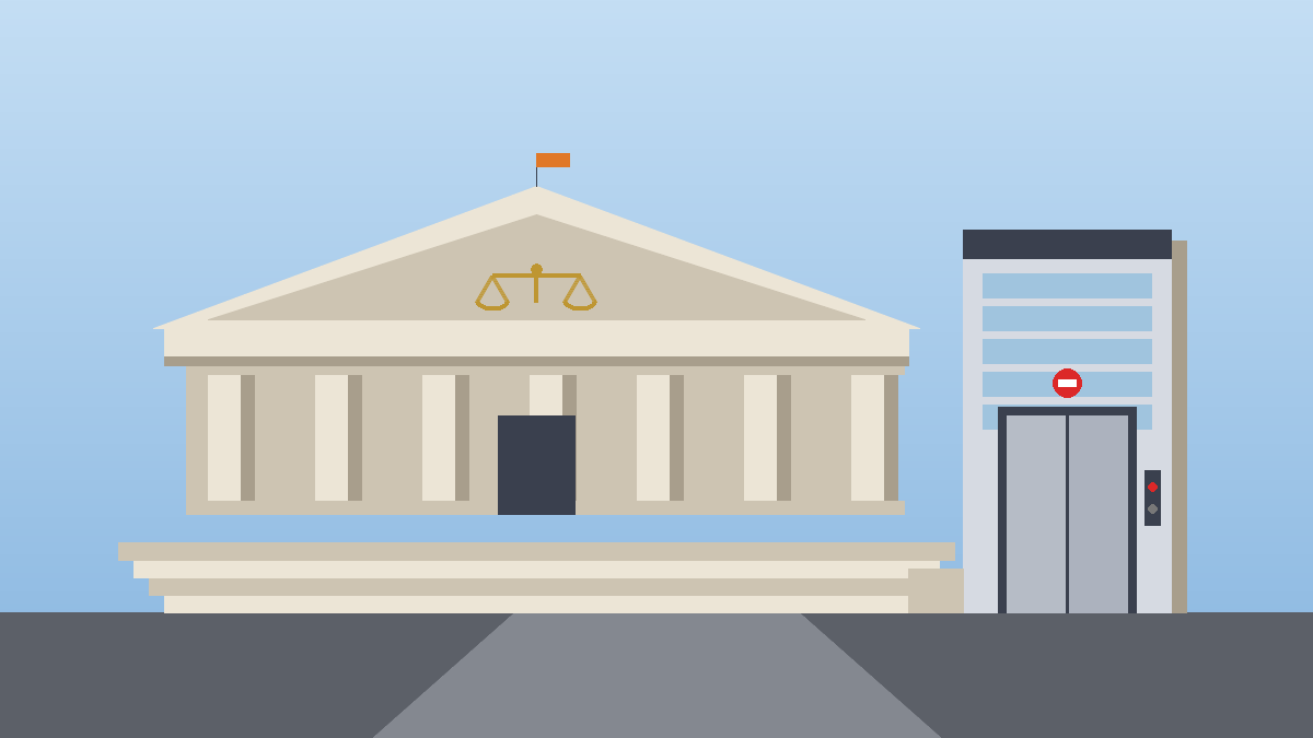 Illustration of a court building with a lift tower beside it