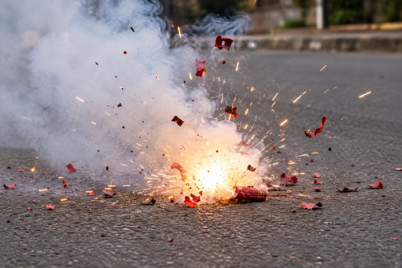 A firecracker bursting on a road