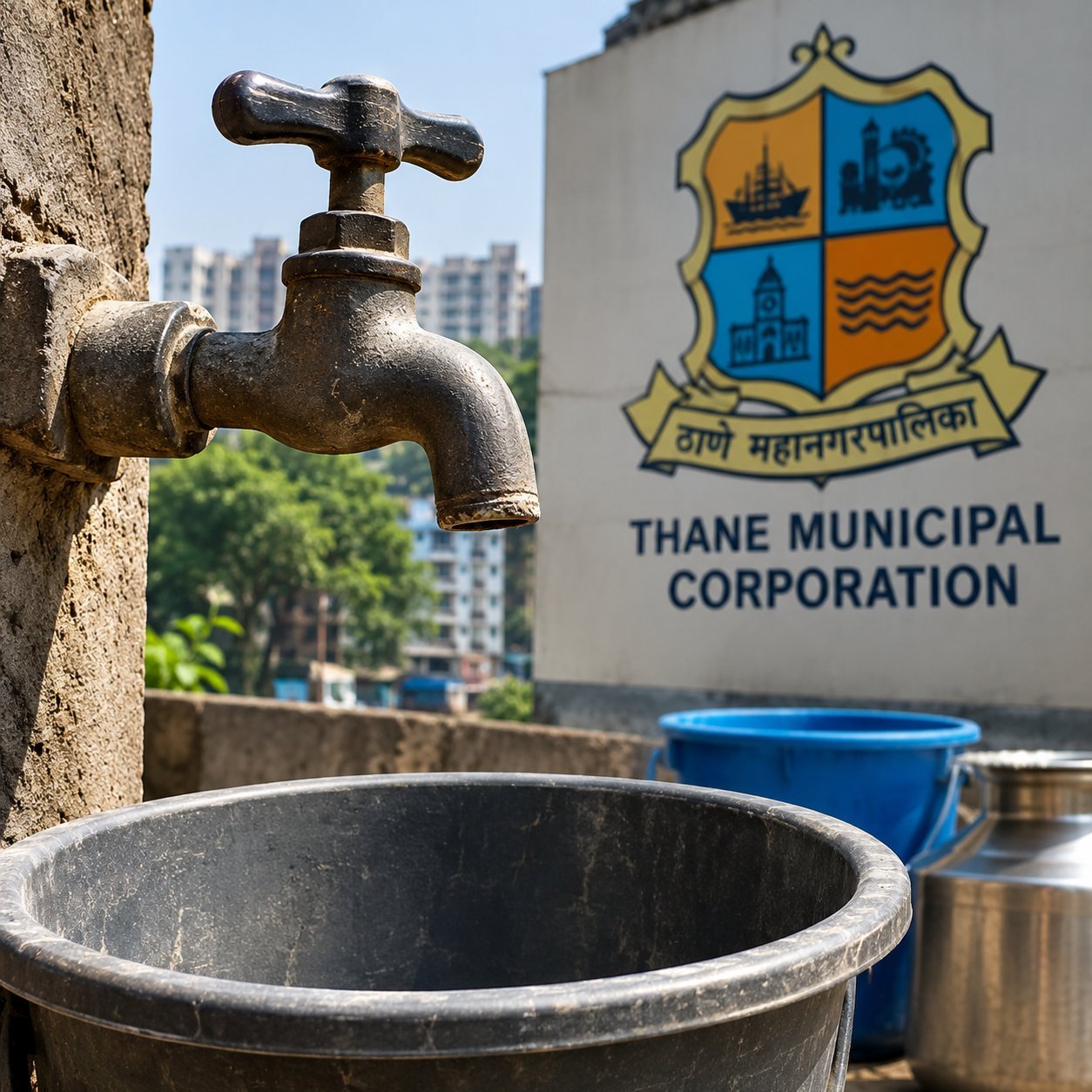 A dry tap and empty buckets with the Thane Municipal Corporation logo in the background